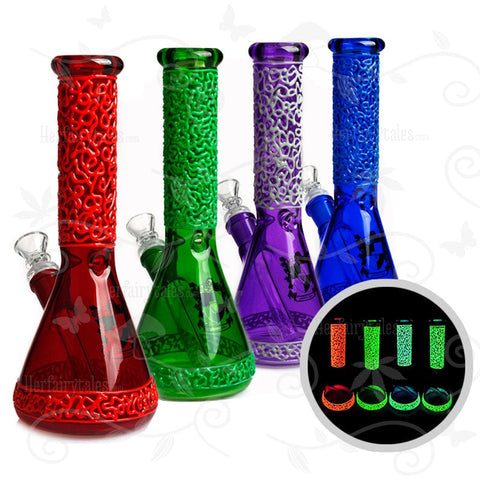 Elven Chalice ⋇ 4 Colored ⋇ 10" Engraved Glow in the Dark Ice Glass Bongs