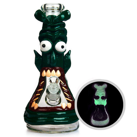 Green Basher ⋇ 12.5 Inch 7mm ⋇ 3D Glowing Skull Themed Ice Glass Bongs